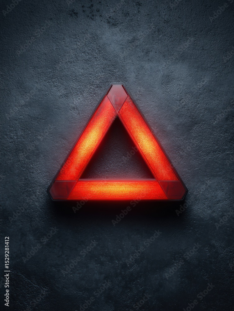 Poster Flashing Warning Triangle Displayed on a Dark Matte Surface Indicating a Caution Signal for Safety Awareness