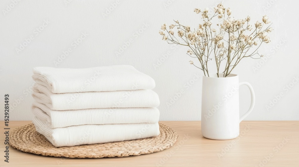Poster textured minimalist homewear including soft plush towels styled on a simple wooden table emphasizing