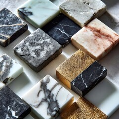 Textured marble and stone tile samples with various finishes in elegant layout