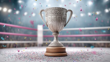 Silver Trophy in Boxing Ring with Confetti