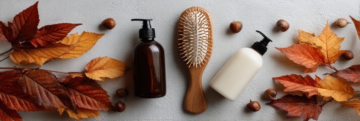 Hairbrush With Autumn Leaves and Natural Shampoo Bottles Arranged for a Cozy Fall Hair Care Routine