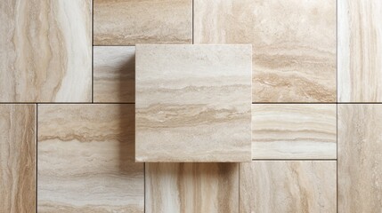 Beige travertine tiles arranged in offset rectangular layout with central tile sample