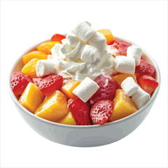 Colorful fruit salad with marshmallows and whipped cream in bowl isolated on white background