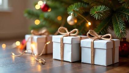 White giftboxes, twine accents, beneath Christmas tree, small, festive, box
