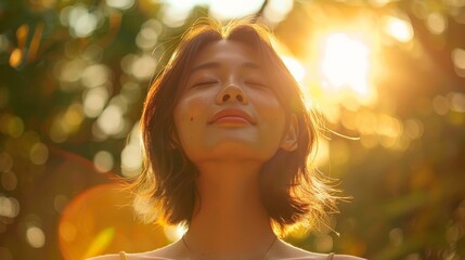Fototapeta premium A peaceful moment captured in nature as a woman with closed eyes enjoys the warm golden sunlight filtering through lush greenery, evoking feelings of serenity and tranquility.