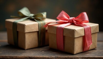 Obraz premium Soft light bathes antique gift boxes tied with faded ribbons , yellow, soft light, close-up