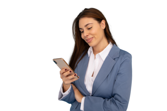 Businesswoman wearing a blue suit and white shirt is smiling while reading a text message on her smartphone on transparent background