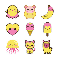 Adorable Kawaii Cartoon Characters Ghost, Hamster, Banana, Heart, Ice Cream, Popsicle, Jellyfish, Kitten, Llama
