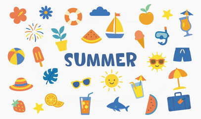 colorful summer clipart set with beach elements, fruits, drinks and vacation icons in flat style