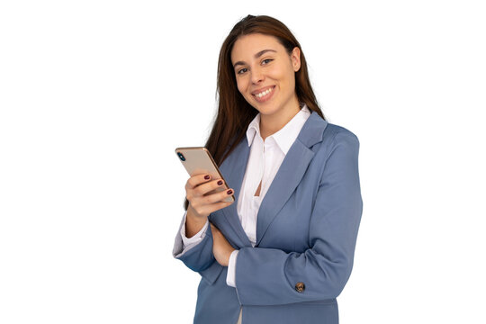 Studio shot of a cheerful businesswoman using her smartphone, isolated on a transparent background