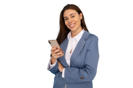 Studio shot of a cheerful businesswoman using her smartphone, isolated on a transparent background