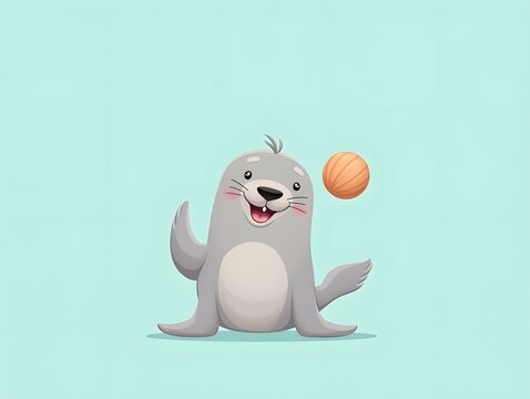 Cute cartoon seal balancing ball. Adorable marine animal illustration for kids, posters, and educational materials
