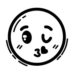 Outline style emoji blowing a kiss. Features sparkling and one winking eye, with puckered lips forming a small heart shape, indicating affection or a playful goodbye, used to convey affection, love