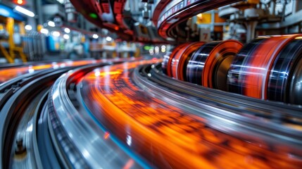 An abstract view of a manufacturing process featuring vibrant motion blurs and glowing lights. The image illustrates the speed and efficiency of modern industry in a visually striking manner.