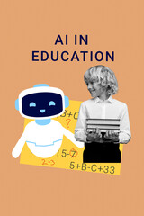 Art image vertical photo collage of happy preteen schoolboy hold book stack literature subject ai robot in education helper bot
