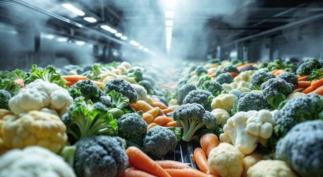 Fresh vegetables cooling process depicting broccoli cauliflower and carrots in a factory