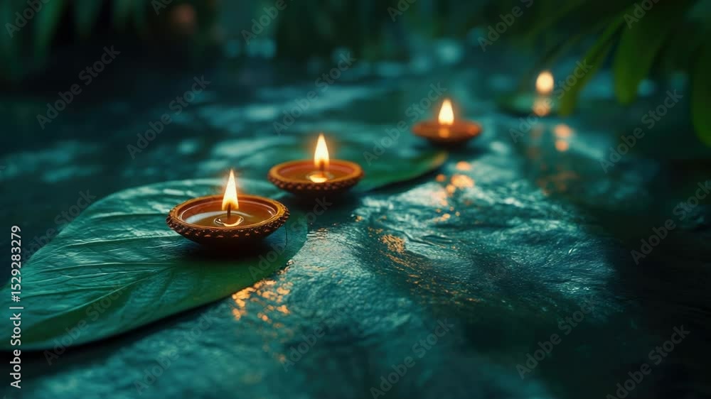 Poster three lit candles placed on a large leaf, perfect for use in autumn or fall themed designs