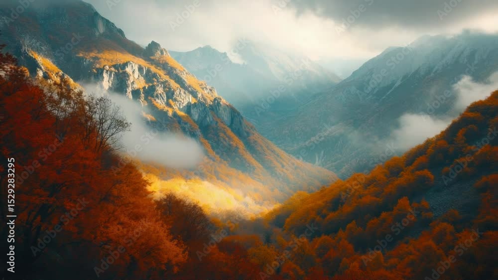 Poster A scenic view of a mountain range with trees in the foreground