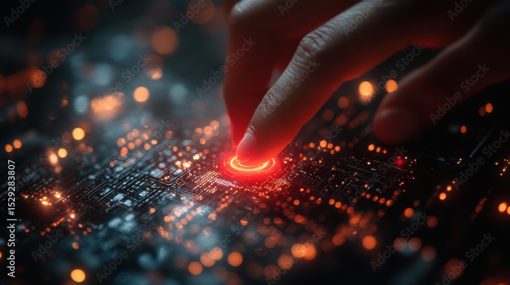 Poster close-up of a finger pressing a glowing button on a circuit board in a futuristic setting during eve
