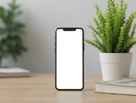 Mockup smartphone with blank screen on table with green plant AI generated