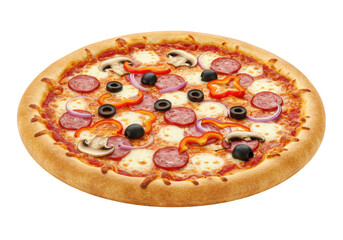 Delicious pepperoni pizza topped with vegetables, displayed on a wooden table