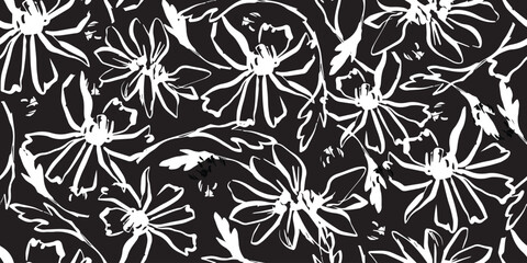 Seamless floral pattern with minimal abstract flower designs. Modern print on black and white background, perfect for textile design, wallpapers, covers, invitations, and posters