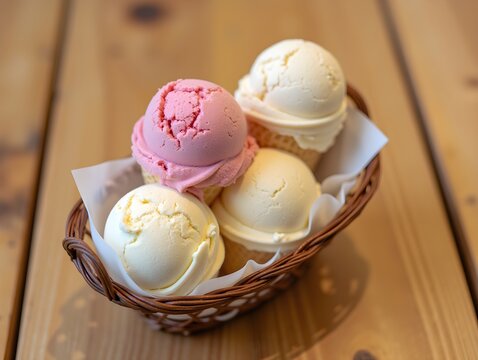Four ice cream cones stacked in a basket on wooden table