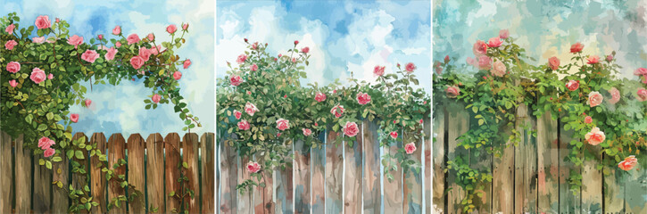 Roses on Fence Vector Illustration, Watercolor Style.