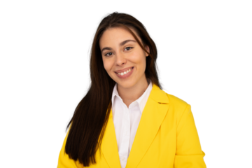 Capturing a cheerful businesswoman radiating confidence and professionalism while wearing a stylish yellow jacket over a white shirt