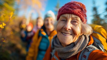 Obraz premium An elderly woman smiles radiantly while hiking in nature, surrounded by colorful fall foliage, representing joy, adventure, and the beauty of the great outdoors.