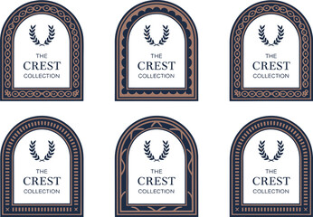Crest label frame set. Vintage badge template with laurels and museum-style decorative text space integration  