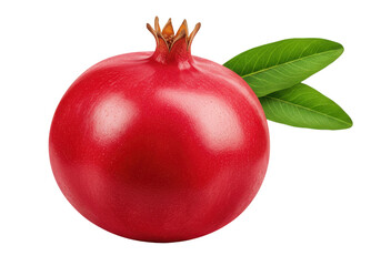 Vibrant red pomegranate with green leaves, showcasing freshness and natural beauty