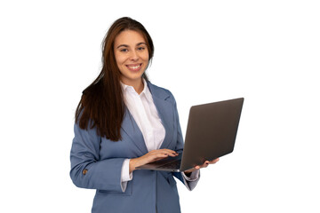 Professional businesswoman typing on laptop, smiling confidently, standing against transparent background, radiating corporate success