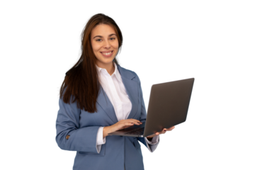 Professional businesswoman typing on laptop, smiling confidently, standing against transparent background, radiating corporate success