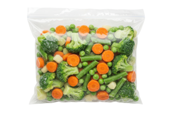 Colorful assortment of frozen vegetables in a clear bag, ready for cooking or meal prep