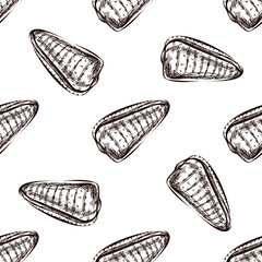 Hand drawn vintage seamless pattern of triangular seashell in brown ink engraving style, coastal marine sketch illustration