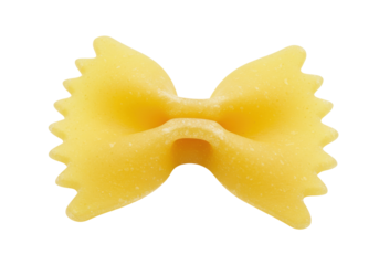 Close-up of a single piece of uncooked bowtie pasta on a white background, showcasing texture