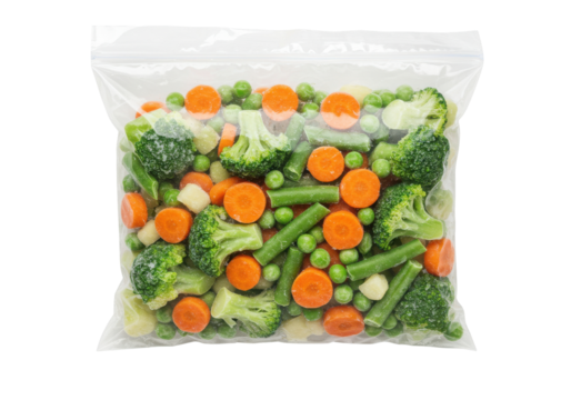 Colorful assortment of frozen vegetables in a clear bag, ready for cooking or meal prep