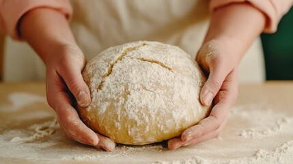 Close up shot of freshly baked bread being broken apart by human hands in soft natural lighting against a neutral minimalist backdrop  Concept of homemade artisanal baking comfort food