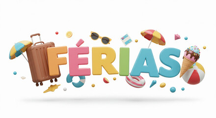 Obraz premium Letreiro 3D colorido com a palavra “Férias” em destaque, cercado por elementos de verão sobre fundo branco