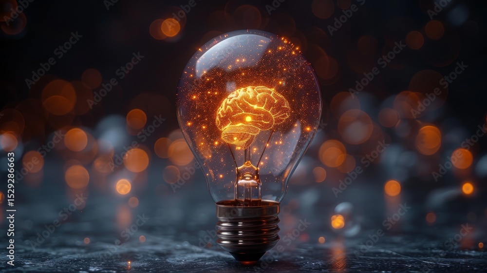 Aufkleber an innovative lightbulb encases a glowing brain, representing the connection between creativity and 