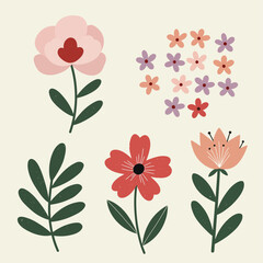 set of flowers and leaves