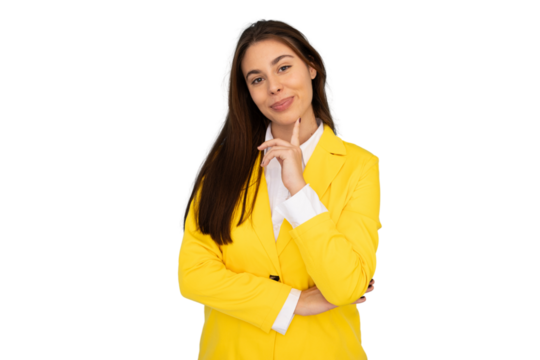 Studio portrait of a young pensive businesswoman touching her chin, isolated on transparent background - Powered by Adobe