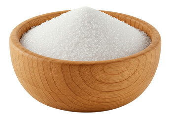 A close-up view of a wooden bowl filled with granulated sugar, set against a simple backdrop