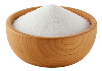 A close-up view of a wooden bowl filled with granulated sugar, set against a simple backdrop