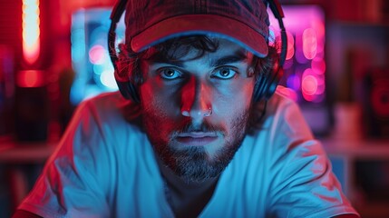 This portrait of a young man in headphones captures his intense concentration and engagement in the digital realm, highlighting the connection between gaming, technology, and emotion.