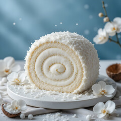 Fototapeta premium The Coconut Snow Spiral roll cake is a pristine, wintry creation that feels like a bite of gentle snowfall.