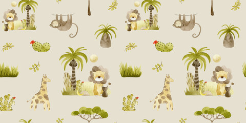 Seamless watercolor jungle pattern with cute lion, giraffe, monkey, palm trees and cactus on beige background. Safari baby animals design for nursery, kids fabric, wallpaper and decor.