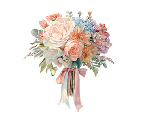 Fototapeta premium Watercolor Floral Bouquet Illustration: Peonies, Roses, Hydrangeas, and Ribbon on White Background