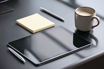 Modern workspace with tablet, notepad and coffee cup
